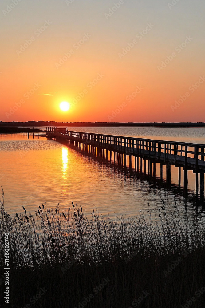 Obraz premium Sunset, a long wooden bridge stretching out into the sea