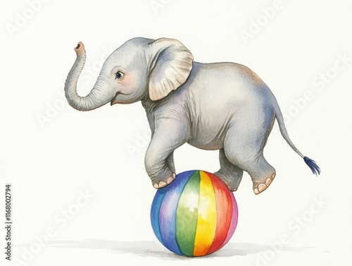 Whimsical watercolor of an elephant balancing gracefully on a vibrant multicolored ball in a circus inspired setting captured with delicate brushstrokes and a sense of playful imagination photo