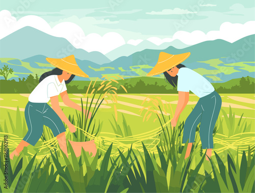 Farmers' Labor of Love: Rice Crop Care with Precision in a Flat Style Illustration