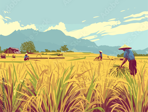 Golden Harvest's Timeless Tradition: A Scenic Depiction of Manual Rice Harvesting with Sickles