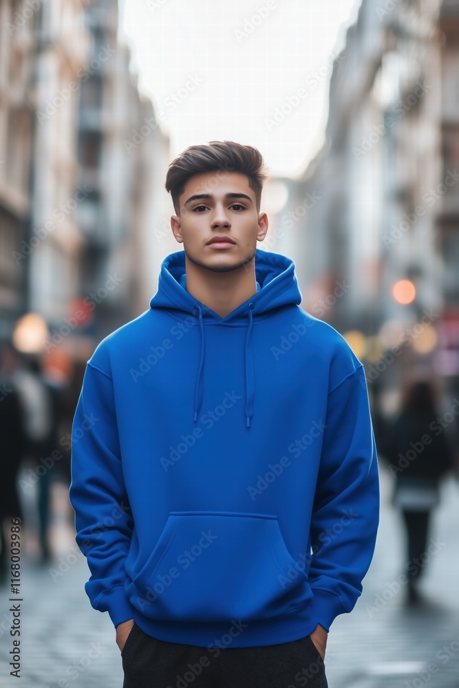 Fototapeta premium A young man stands confidently in a blue color hoodie mockup on a bustling city street. The background features blurred pedestrians and urban architecture, creating a lively atmosphere. 