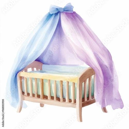 A beautifully crafted watercolor bassinet with a flowing sheer canopy painted in delicate pastel hues creating a dreamlike soothing ambiance for a newborn s sanctuary photo