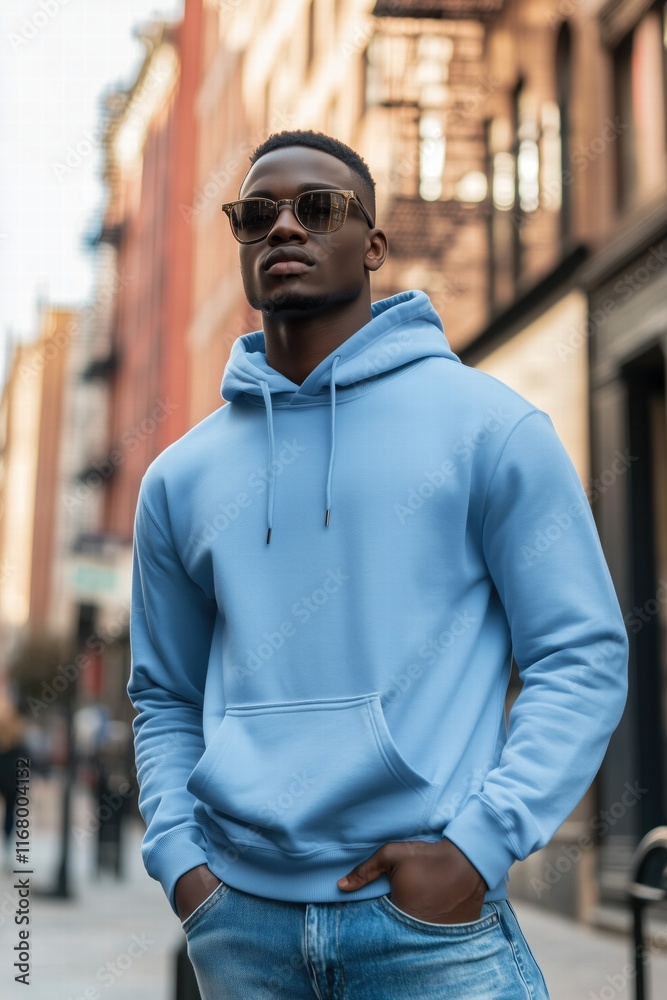 A stylish young man wearing a light blue color hoodie mockup and sunglasses, standing confidently on a city street with urban buildings in the background. Sweatshirt with hood long sleeve for print. A stylish young man wearing a light blue color hoodie mockup and sunglasses, standing confidently on a city street with urban buildings in the background. Sweatshirt with hood long sleeve for print.