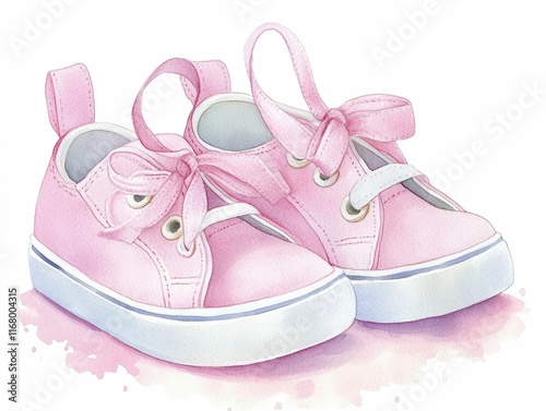 Whimsical watercolor painting of baby shoes in soft pink and white hues adorned with tiny ribbons and placed on a delicate pastel colored backdrop  This image evokes a sense of tenderness femininity