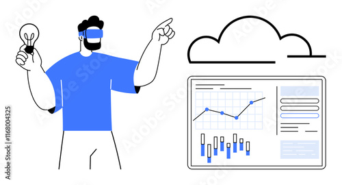 Man wearing VR headset holds lightbulb and points at cloud with data analytics dashboard showing charts. Ideal for technology, innovation, data analysis, virtual reality, cloud computing, business