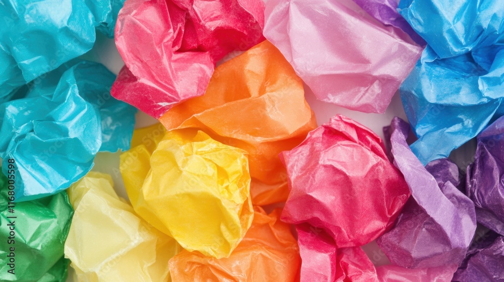 Bright and colorful candy wrappers lie crumpled across a surface, showcasing an array of vibrant colors and textures, inviting cheerful nostalgia Bright and colorful candy wrappers lie crumpled across a surface, showcasing an array of vibrant colors and textures, inviting cheerful nostalgia