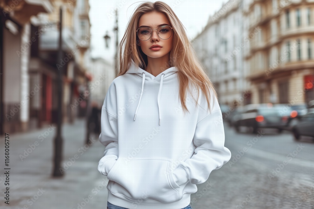 A stylish young woman in a white hoodie mockup stands confidently on a city street. She has long blonde hair and wears glasses, with a blurred urban background featuring buildings and cars. 