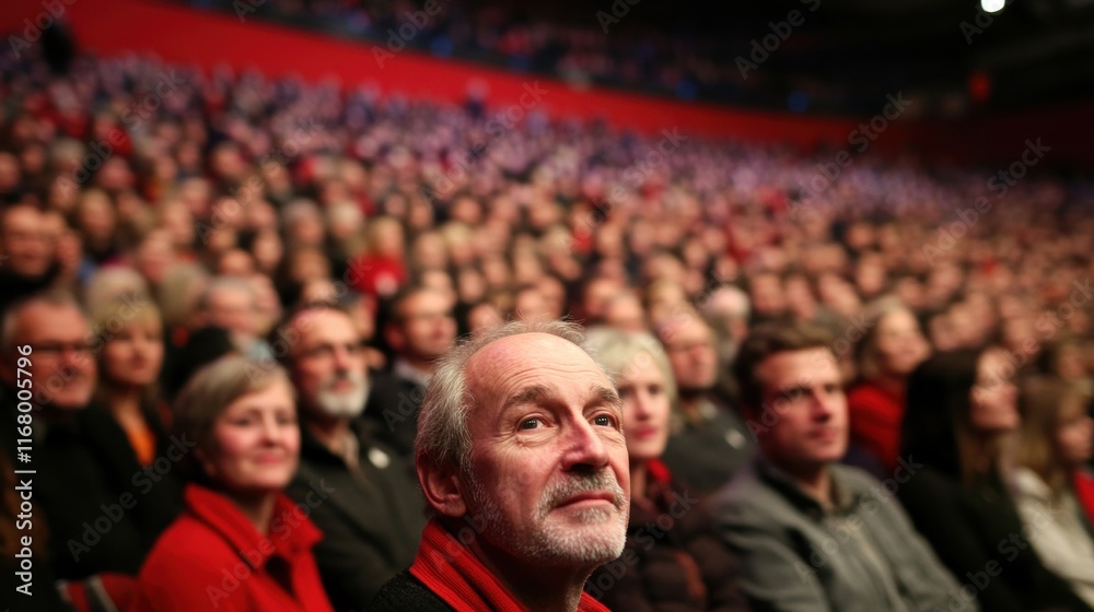 Fototapeta premium Participants captivated by a speaker in a conference hall filled with attentive listeners and dynamic atmosphere
