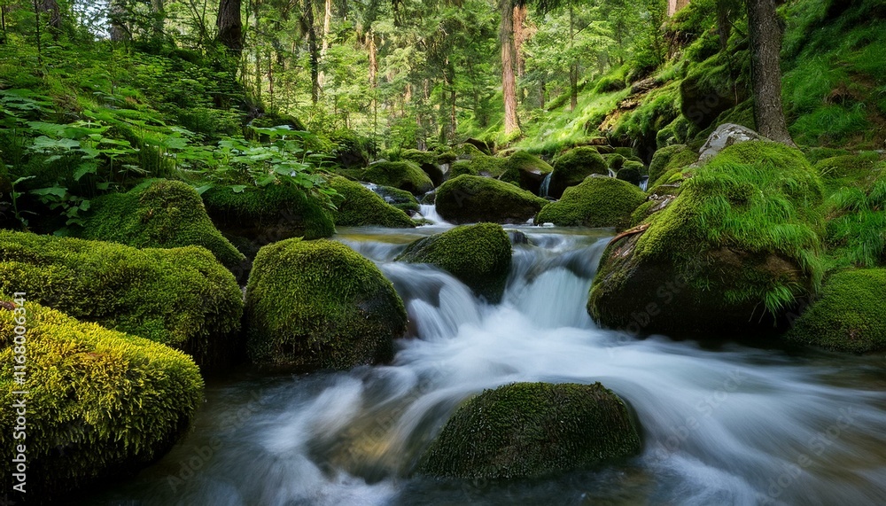 A tranquil mountain stream flowing through a moss-covered forest. A tranquil mountain stream flowing through a moss-covered forest.