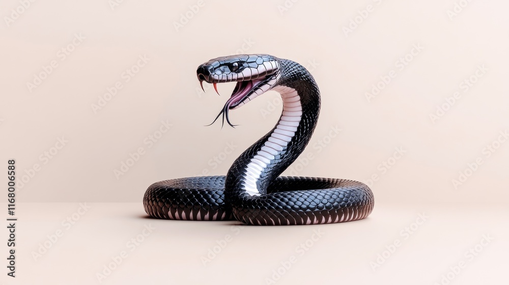 Fototapeta premium A realistic depiction of a black snake coiled and poised.