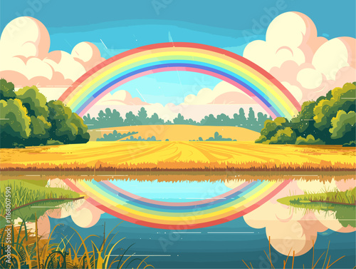 Flat Style Landscape: Rainbow Reflected in Water - A Vibrant Panorama of Nature's Serenity, Captured in Vector Art