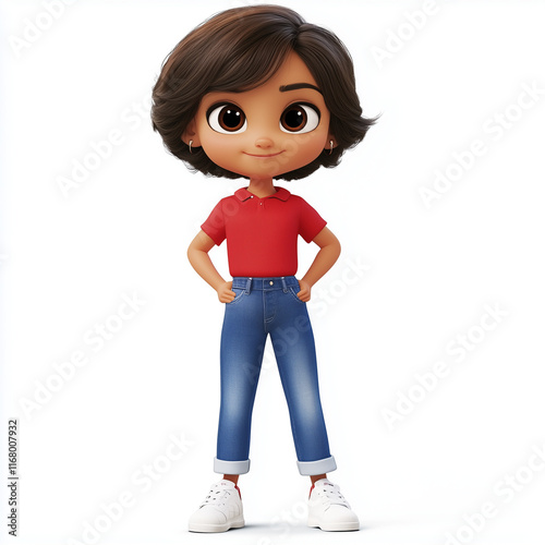 Cute women Cartoon illustration wearing red polo shirt standing isolated on white background