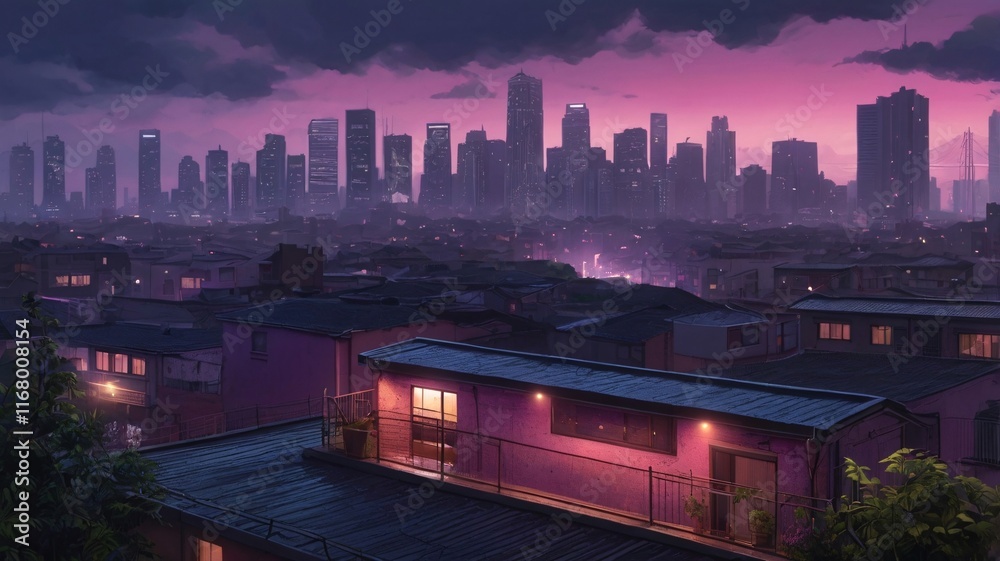 A mesmerizing anime-inspired urban cityscape at twilight. The view reveals a purple atmosphere dense arrangement of high-rise buildings and rooftops, bathed in a vibrant blend of purple and pink hues. A mesmerizing anime-inspired urban cityscape at twilight. The view reveals a purple atmosphere dense arrangement of high-rise buildings and rooftops, bathed in a vibrant blend of purple and pink hues.