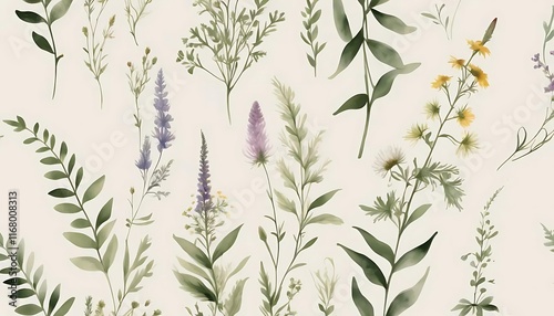 Wallpaper Mural Delicate Watercolor Botanical Illustration Featuring Various Flowers and Leaves Torontodigital.ca
