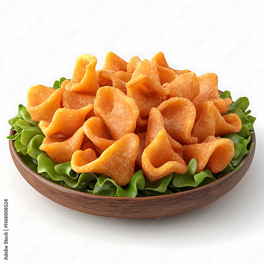 A wooden bowl filled with crispy orange snacks nestled on fresh lettuce leaves, isolated on a white background.