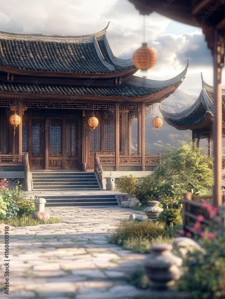 Fototapeta premium majestic Chinese palace with a sweeping roofline, intricate stone steps leading to the entrance,