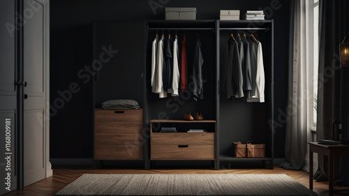 AI generative. 3d render of walk in closet of interior design open cabinet with minimalist modern style in wood and dark gray atmosphere. 4