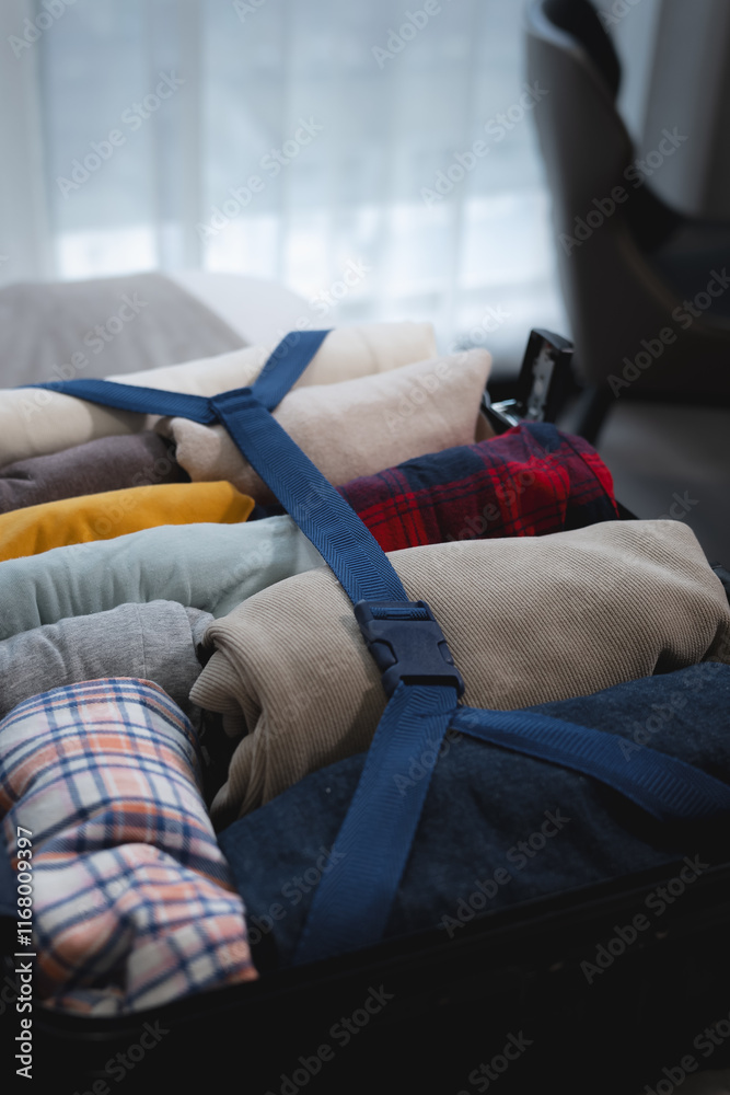 Obraz premium Neatly Packed Clothes in a Suitcase for Travel Convenience