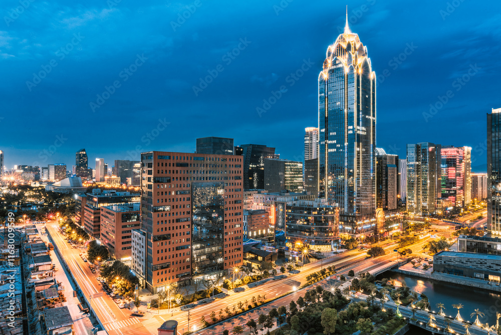 Obraz premium Ningbo city skyline at twilight, China