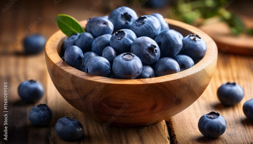A vibrant close-up of fresh blueberries in a rustic wooden bowl. A vibrant close-up of fresh blueberries in a rustic wooden bowl.