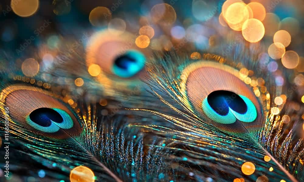 Peacock feathers with bokeh.