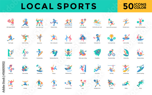 Local sports icon set with little league baseball, high school football, youth soccer team, peewee hockey, school track meet, youth basketball, community swim meet icon. Simple flat color vector 
