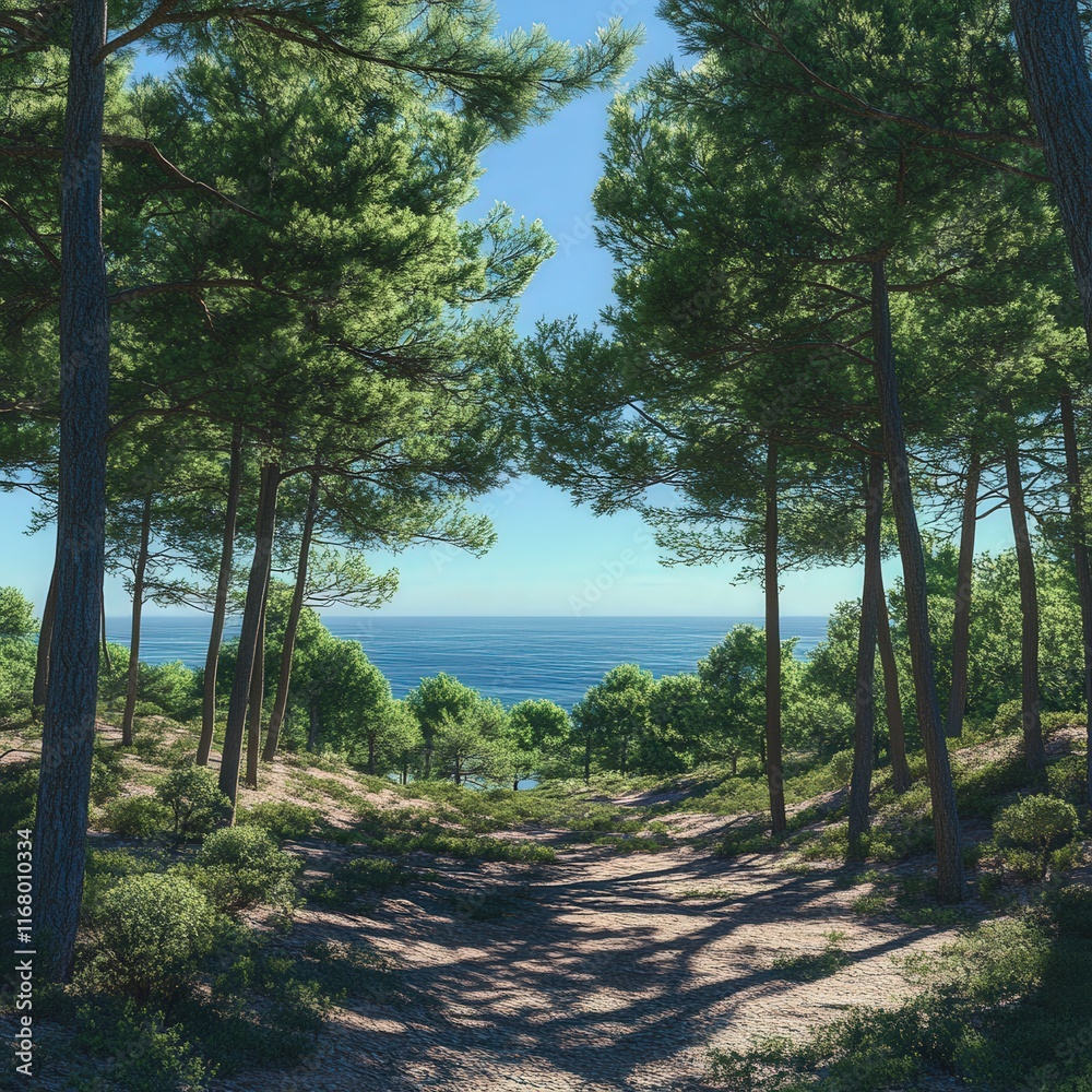 pine forest with a beautiful view of the sea in the background. The trees create a natural canopy pine forest with a beautiful view of the sea in the background. The trees create a natural canopy