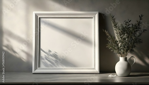 Plain white picture frame in clear glass in a minimalist setting, with soft shadows against a neutral background.