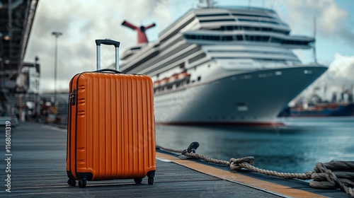 Orange suitcase on a dock with a cruise ship in the background.