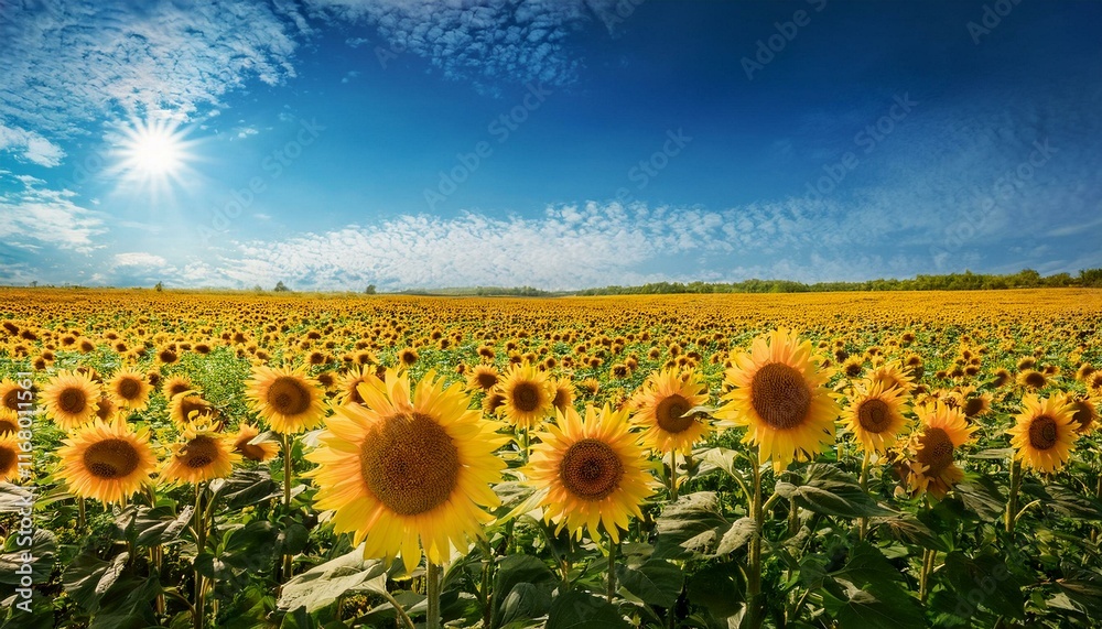 Fototapeta premium A vibrant photo of a field of sunflowers under a bright blue sky.
