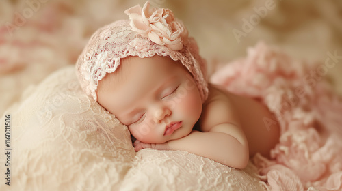 A baby under 3 months old is sleeping comfortably on his back. photo