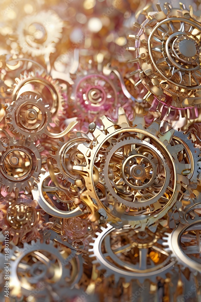 Obraz premium AI-inspired mechanical flowers with intricate metallic petals and gears in gold, silver, and pastel hues, creating a surreal and futuristic design.