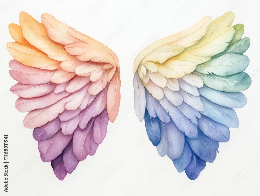 Obraz premium Whimsical watercolor fairy wings with shimmering pastel gradients floating delicately in a dreamlike ethereal composition The wings display a captivating blend of colors and a soft