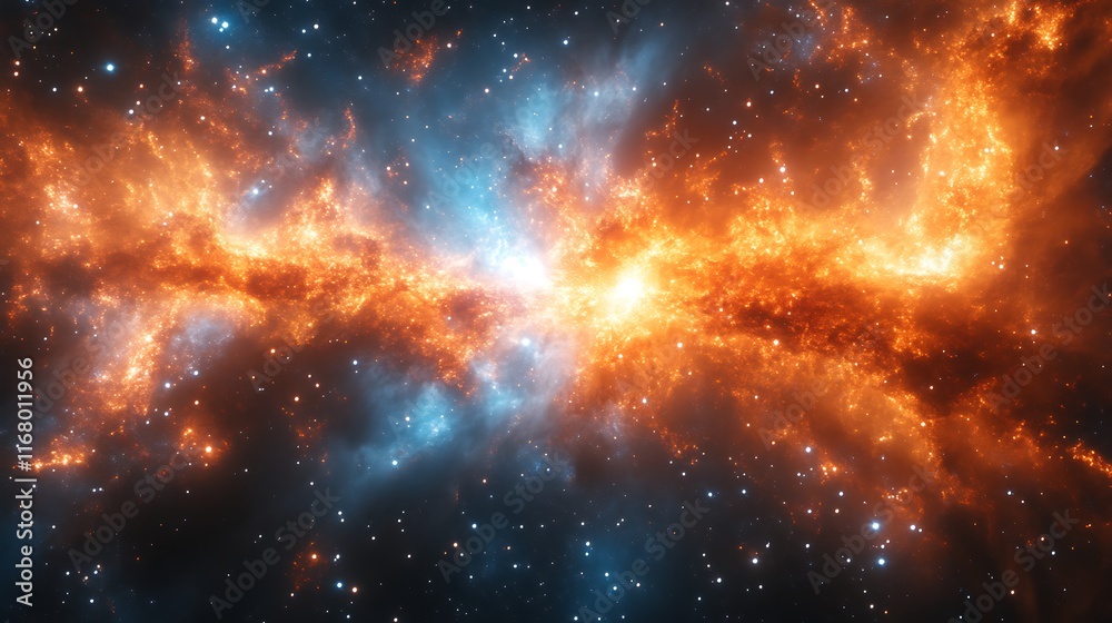 Fototapeta premium Fiery cosmic nebula with blue and orange hues.