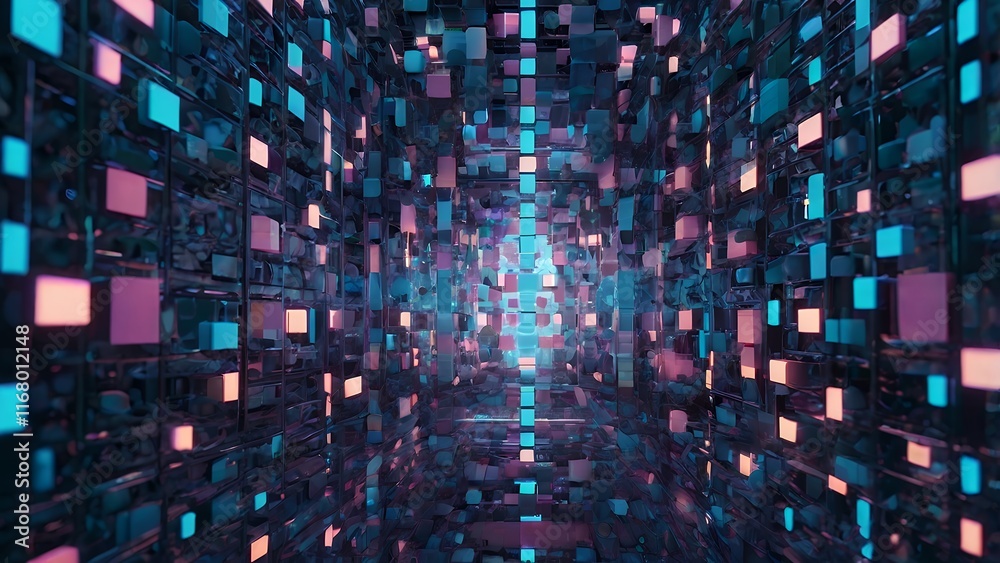 Fototapeta premium Surreal digital dreamscape with floating 3D geometric shapes, glowing grids, and layered light effects in futuristic holographic colors. 