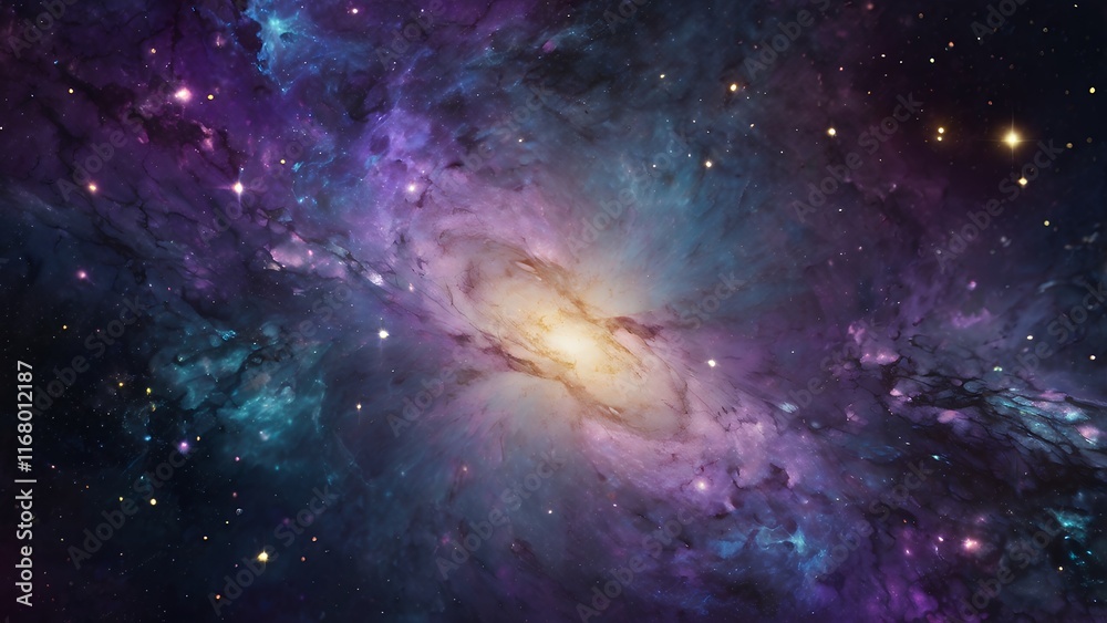 Naklejka premium A surreal, AI-generated galactic texture with glowing nebulae, shimmering stars, and cosmic swirls, blending deep purples and blues in an otherworldly style.