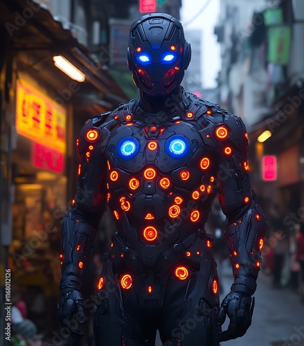 Futuristic robot in city alley.