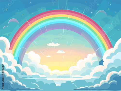 Upturned Gaze to Double Rainbow Panorama: Witness Nature's Enchanting Vision of Hope and Renewal in Vibrant, Animated Flat Style Illustration