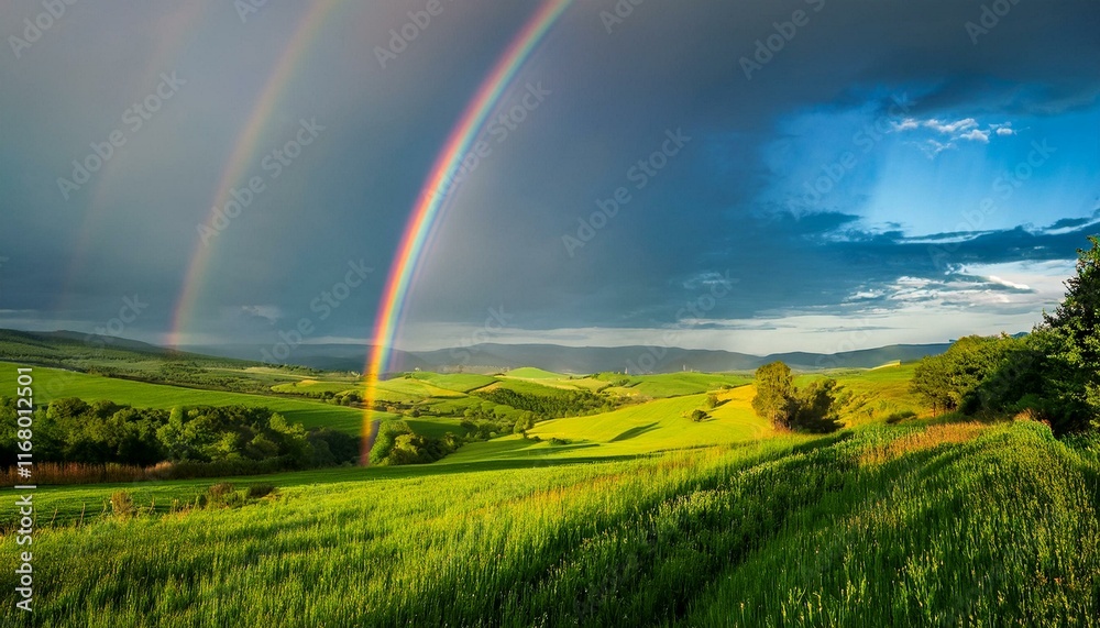 A vibrant rainbow arcing over a lush green countryside after a storm.