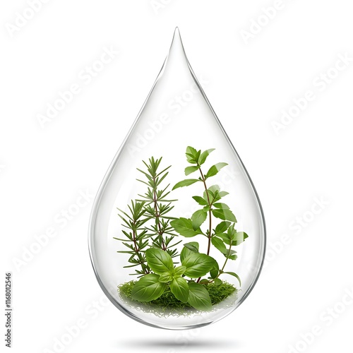 Miniature Water Droplet Terrarium with Assorted Herbs and Leaves photo