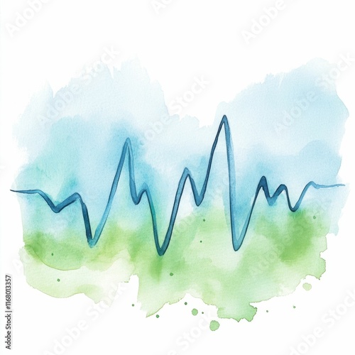 Whimsical watercolor painting of a heart monitor screen displaying glowing readings in soft blue and green hues  The abstract rhythmic line waves create a peaceful calming digital art design