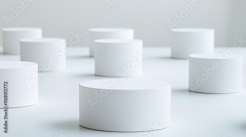 White Pedestals Various white pedestals of different heights and sizes scattered around the room, offering multiple levels for displaying products