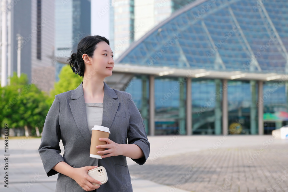 Confident Businesswoman with Coffee in a Modern Urban Landscape Confident Businesswoman with Coffee in a Modern Urban Landscape