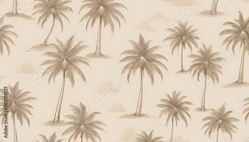 Seamless Pattern of Sketchy Palm Trees and Clouds