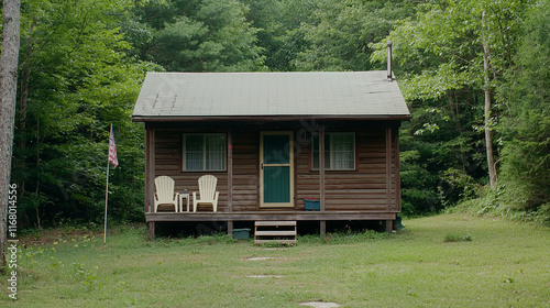 Secluded Cabin Retreat: A charming wooden cabin nestled amidst lush greenery, inviting a sense of peace and tranquility. It evokes a cozy escape, a place to unwind and reconnect with nature.   photo