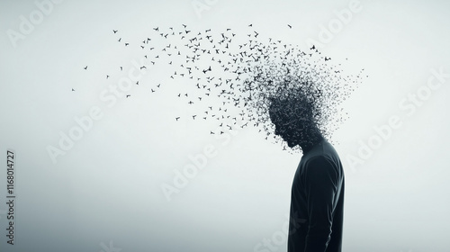 Disintegrating Mind:  A poignant silhouette of a person, their head dissolving into a swarm of fragmented thoughts, symbolizing mental struggle and disintegration.