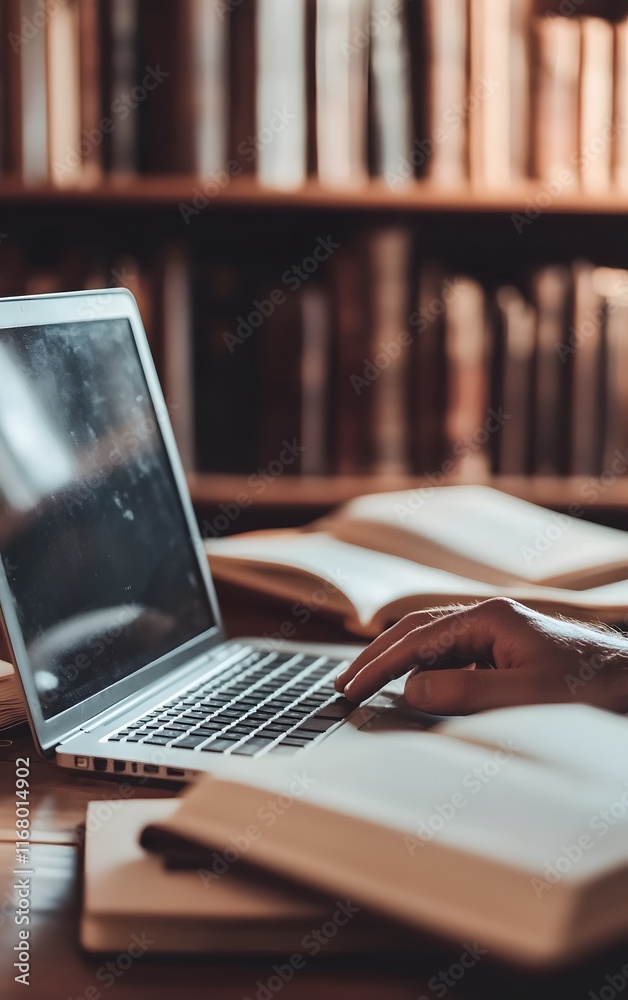 Typing on a laptop with textbooks open nearby, online learning, 3D illustration Typing on a laptop with textbooks open nearby, online learning, 3D illustration