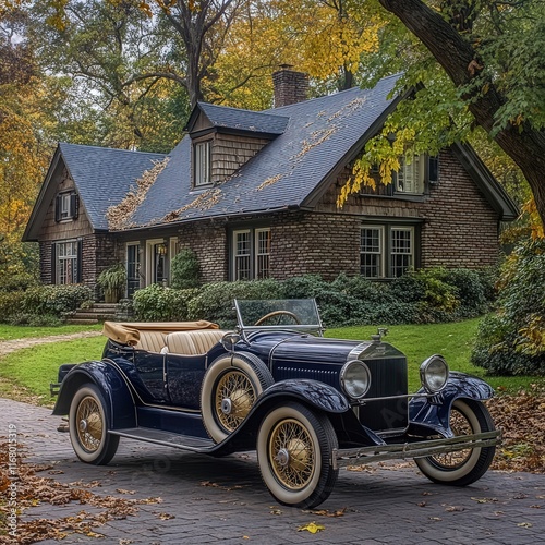 classic vintage car parked near a charming, old-fashioned house.