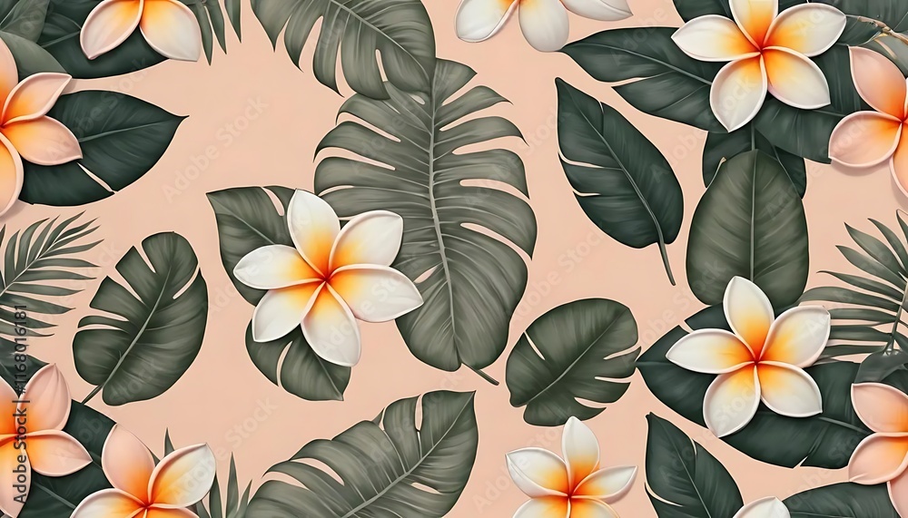 Tropical Floral Pattern Featuring Plumeria and Lush Leaves