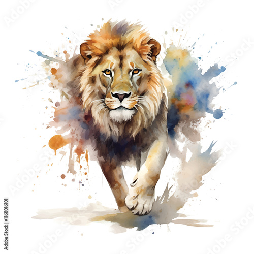 Watercolor painting lion in motion vector illustration. isolated on white background. photo